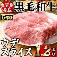 鹿児島県産黒毛和牛5等級！カタ(ウデ)スライス(約1.2kg・約600g×2パック) 国産 牛肉 赤身 カタ肉 肩肉 ウデ肉 スライス肉 ウデスライス 薄切り しゃくし すき焼き すきやき しゃぶしゃぶ おかず 個包装 冷凍配送 【スターゼン】akn042-62