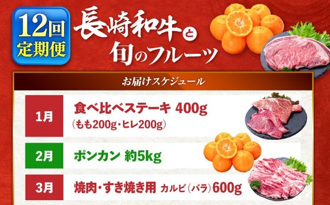 【12回定期便】長崎和牛と旬のフルーツが楽しめる バラエティ定期便 / フルーツ定期便 果物定期便 肉定期便 牛肉 びわ メロン ぶどう みかん / 南島原市 / 贅沢宝庫[SDZ053]