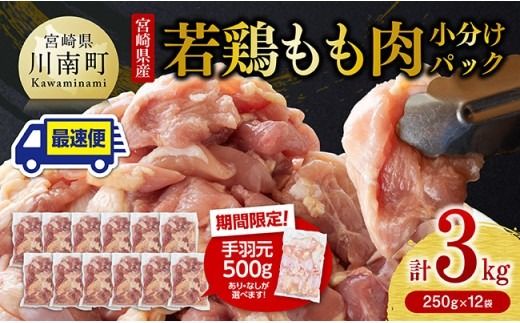 鶏肉 [手羽元500gあり・なしが選べる][発送月が選べる][小分け]宮崎県産若鶏 もも肉計3kg(250g×12袋) [ 鶏 肉 鶏肉 国産 モモ 手羽元 九州産 鳥 小分け 使いやすい 便利 ]☆ [F0904 C00902]