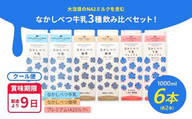 なかしべつ牛乳・珈琲・プレミアム 3種飲み比べ6本セット【14062】