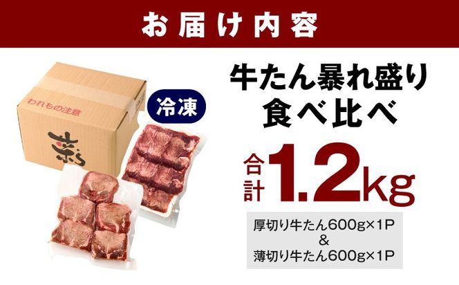 G4095 【分けて届く定期便】牛たん 暴れ盛り 食べ比べ 1.2kg【厚切り 薄切り 600g×2P 牛肉 牛タン 焼肉 BBQ キャンプ アウトドア 焼くだけ 簡単調理 訳あり サイズ不揃い 小分け 全2回】