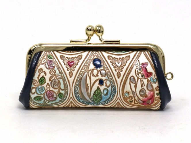 【文庫屋大関】印鑑ケース　花と猫＜インディゴ＞【皮革工芸品】 ファッション小物 民芸品 