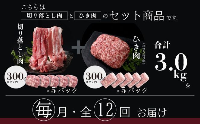 DM021_new　＜定期便＞12回プラン 幻の銘柄豚 富士湧水ポーク 毎月美味しいお肉が届く！ 切り落とし1.5kg+挽肉1.5kg*