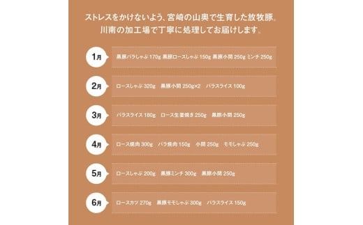 【12ヶ月定期便】宮崎県川南町産豚肉　放牧豚定期便A（放牧黒豚入り） 【 豚 肉 豚肉 黒豚 国産 九州産 宮崎県産 川南町 加工品 セット 送料無料 】[C08106t12]