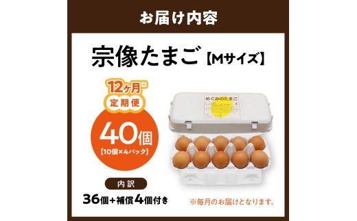 【毎月お届け】新鮮 赤卵「宗像たまご」Mサイズ 40個×12ヶ月定期便 (36個＋補償4個)【JAほたるの里】_HB0216