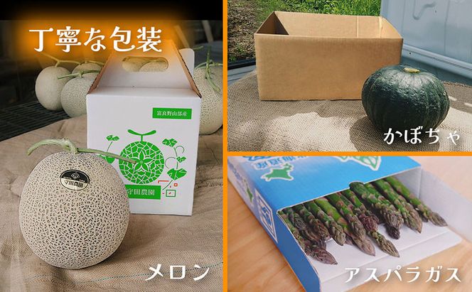 【定期便3回 春夏秋リレー】[2026年4～10月発送] 北海道富良野産 アスパラガス 1kg×1箱 ＆ 特秀品メロン 2kg1玉×1箱 ＆ 特濃こふき かぼちゃ 5kg×1箱｜北海道 富良野市 アスパラ 高糖度メロン 黒皮かぼちゃ ギフト