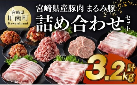 宮崎県産豚肉「まるみ豚」 詰め合わせセット計3.2kg [ 肉 豚肉 国産 こま切れ ハンバ―グ 生姜焼き 弁当 おかず お手軽 真空パック バラ ロース モモ ミンチ 挽肉 九州産 宮崎県産 川南町産 送料無料 ][D11517]