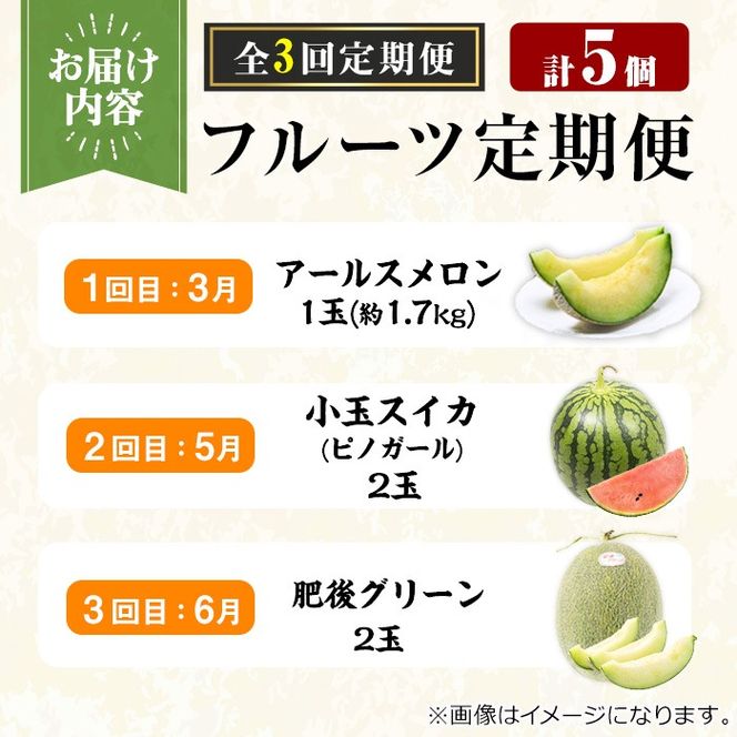 【0363607b】＜定期便・全3回＞自慢の農家×老舗青果店のフルーツ定期便(計5個) メロン アールスメロン スイカ すいか 小玉スイカ 肥後グリーン 果物 フルーツ 果実 セット 【有留青果】