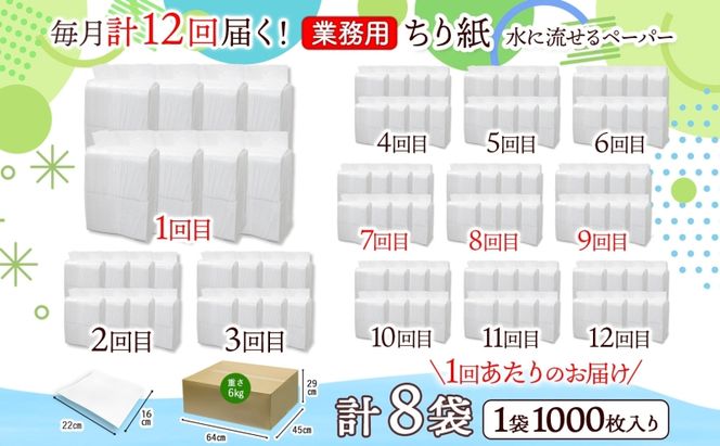 定期便 12ヶ月連続 業務用 水に流せる ちり紙 1000枚×8袋 チリ紙 ティッシュ ティッシュペーパー ペーパー 紙 落とし紙 衛生用品 無香料 まとめ買い 箱買い 備蓄 非常用 エコ 再生紙 送料無料 川一製紙 岐阜県 美濃市