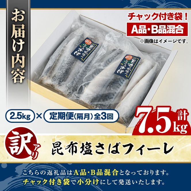 ＜定期便(隔月)・全3回＞訳あり！昆布塩さばフィーレ(A品B品混合・計7.5kg) 大容量 ボリューム サバ 鯖 おかず おつまみ 惣菜 焼き魚 切り身 昆布 ご家庭用 リピート 定期便 【グローバルフーズ】akn061-25