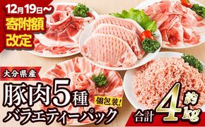 豚肉 バラエティーパック (合計4kg・5種)豚バラ しゃぶしゃぶ 鍋 とんかつ ロース 小分け 個包装 豚こま 小間切れ スライス ミンチ セット 詰め合わせ 冷凍 食べ比べ 国産 大分県 佐伯市【BD325】【西日本畜産】