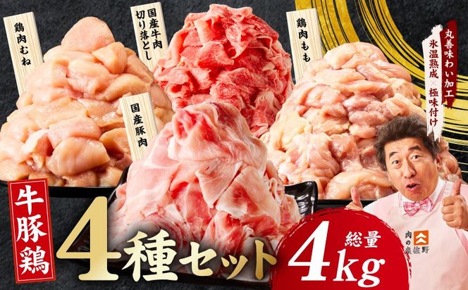 mrz0403 国産 牛豚鶏 4種セット 4kg【氷温熟成×極味付け 牛肉 豚肉 鶏肉 もも むね 食べ比べ 普段使い 味付き 小分け 訳あり サイズ不揃い】