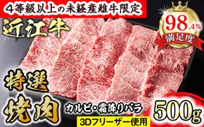 【森三商会】4等級以上の未経産雌牛限定　近江牛特選焼肉500g(カルビ・霜降りバラ）【GM10W】（国産牛　和牛　ブランド牛　ブランド和牛　黒毛和牛　牛肉　肉　高級　人気　おすすめ　神戸牛　松阪牛 に並ぶ 日本三大和牛 近江牛）