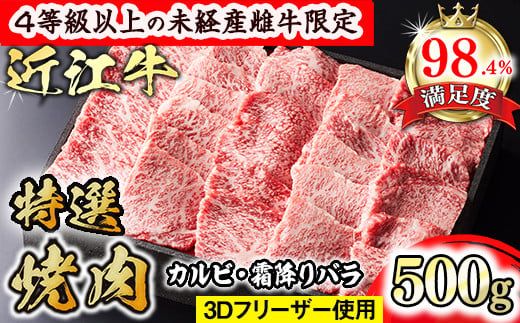 【森三商会】4等級以上の未経産雌牛限定　近江牛特選焼肉500g(カルビ・霜降りバラ）【GM10W】（国産牛　和牛　ブランド牛　ブランド和牛　黒毛和牛　牛肉　肉　高級　人気　おすすめ　神戸牛　松阪牛 に並ぶ 日本三大和牛 近江牛）
