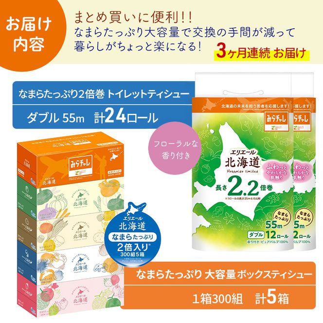 定期便 3ヵ月連続お届け エリエール 収納に便利 コンパクト 〈アソート〉 なまらたっぷり 大容量 トイレットペーパー ティッシュ トイレ ボックスティッシュ ひとり暮らし 紙 常備品 消耗品 日用品 生活必需品