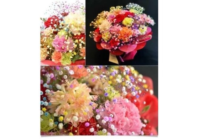 ミックススマイルバスケット ｜ フラワーアレンジメント 生花 花 ギフト ロマンチックかすみ草 七色 輝く カスミソウ カスミ草 かすみそう お祝い プレゼント アレンジ花 カラフル おしゃれ