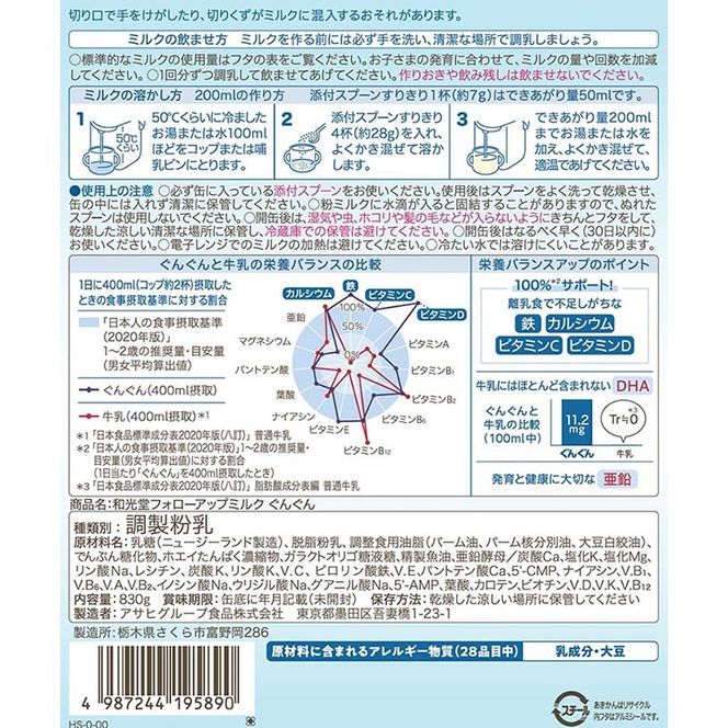 「和光堂フォローアップミルク ぐんぐん」 満9か月頃から3歳頃まで ベビーミルク 鉄・カルシウム・DHA配合 830g×2缶 ｜ 離乳食 赤ちゃん 栄養サポート