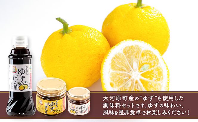 大河原町観光物産協会 ゆず調味料セット 加工食品 調味料 ゆず 唐辛子 ぽん酢 しょうゆ 田楽みそ 加工食品 調味料 ポン酢 醤油 とうがらし 田楽 みそ 味噌 薬味 味付け 田楽味噌