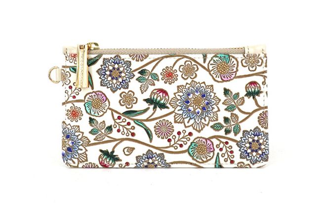 【文庫屋大関】すっきりカードケース　ダリア＜コバルトブルー＞【皮革工芸品】 ファッション小物 雑貨 フラグメントケース 小銭入れ付き 収納 スマート 日本製 花柄 青 