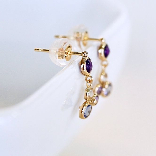 K10YG(10金) イエローゴールド パープル系天然石 マルチカラー ピアス 揺れる 保証書付 2125 242-052-c
