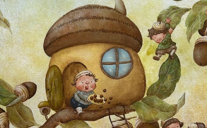 【一点物】絵画「どんぐり村のバースデーパーティー」 糸島市 / 工房はーべすと[AYA080]