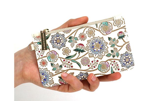 【文庫屋大関】すっきりカードケース　ダリア＜コバルトブルー＞【皮革工芸品】 ファッション小物 雑貨 フラグメントケース 小銭入れ付き 収納 スマート 日本製 花柄 青 