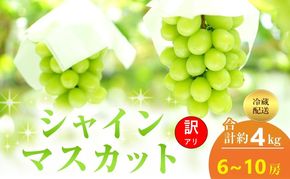 【2026年 先行予約】【訳あり品】シャインマスカット 6～10房 合計約4kg 冷蔵配送 ぶどう 葡萄 フルーツ 果物 岡山 高梁市