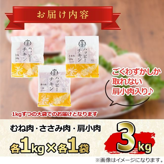 【0074805a-2602】＜2026年2月発送予定＞国産若鶏肉ヘルシーセット(合計3kg・ムネ、ささみ、肩小肉) 鶏肉 鳥肉 とり肉 むね肉 おかず 小分け 国産 【エビス】