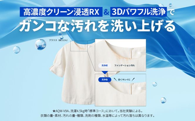 【AQUA】全自動洗濯機 高濃度クリーン浸透RX＆3Dパワフル洗浄 9kg AQW-V9A［ 京都 アクア 洗濯機 縦型洗濯機 人気 おすすめ クリーン パワフル 洗浄 家電 お取り寄せ 通販 送料無料 ふるさと納税 ］ 261009_A-XY016