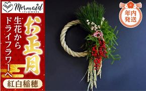 【年内発送】迎春 お正月 しめ縄 しめ飾り 玄関飾り ドライフラワー&生花 リース 紅白稲穂 生花からドライフラワーへ【 年内配送 先行予約 年末年始 正月 送料無料 門真市 】 272230_BG089