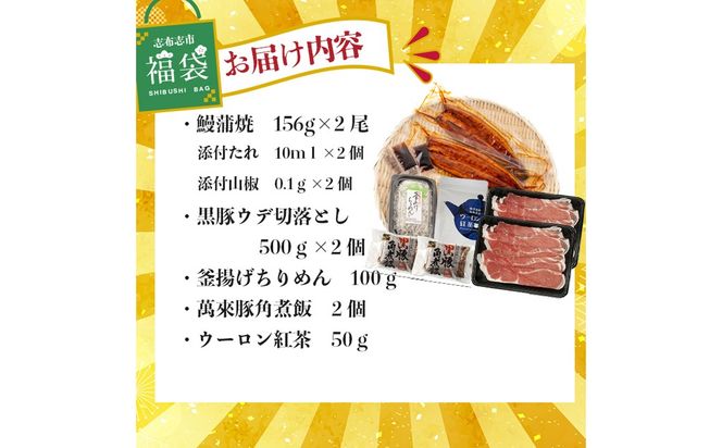 志布志市福袋！鰻とおかずいろいろセット(霧島湧水鰻2尾＆釜揚げちりめん＆黒豚ウデ切り落とし＆ウーロン紅茶＆角煮飯) b8-041