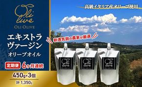 【受賞農家が選出】 高級イタリア産 エキストラ・ヴァージン・オリーブオイル 450g×3個【定期便6ヶ月連続】 調味料 油 オリーブ油 食用油 静岡県 袋井市