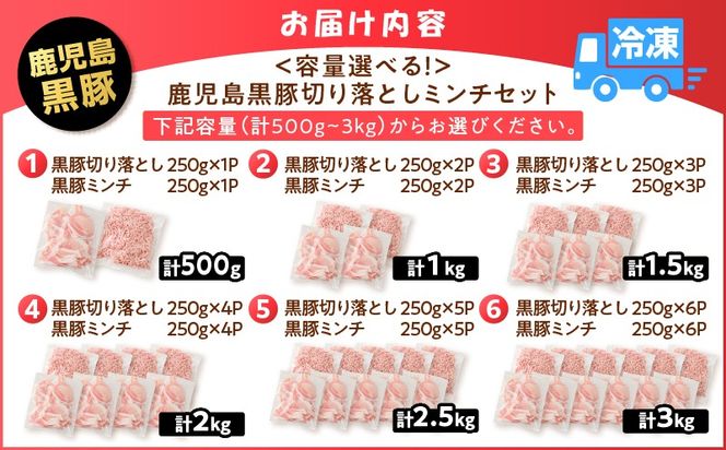 ＜容量選べる！＞鹿児島黒豚切り落としミンチセット 500g～3kg　K025-014