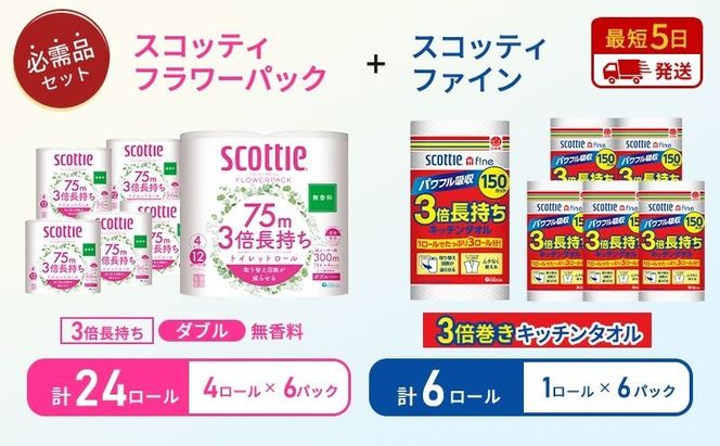 キッチンペーパー 6パック入 スコッティ ファイン 1ロール 3倍 150カット トイレットペーパー ダブル 24ロール ( 4ロール × 6パック ) フラワーパック