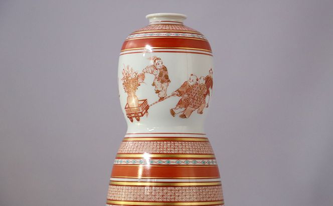 福島武山 赤絵唐子遊文九谷焼飾瓶 a05 民芸品 工芸品 