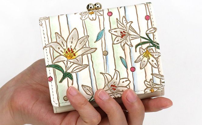 【文庫屋大関】三つ折りミニ財布　ホワイトリリー【皮革工芸品】 ファッション 小物 民芸品 お札 カード 小銭 手のひらサイズ コンパクト 大人かわいい 牛革 手作り 国産 
