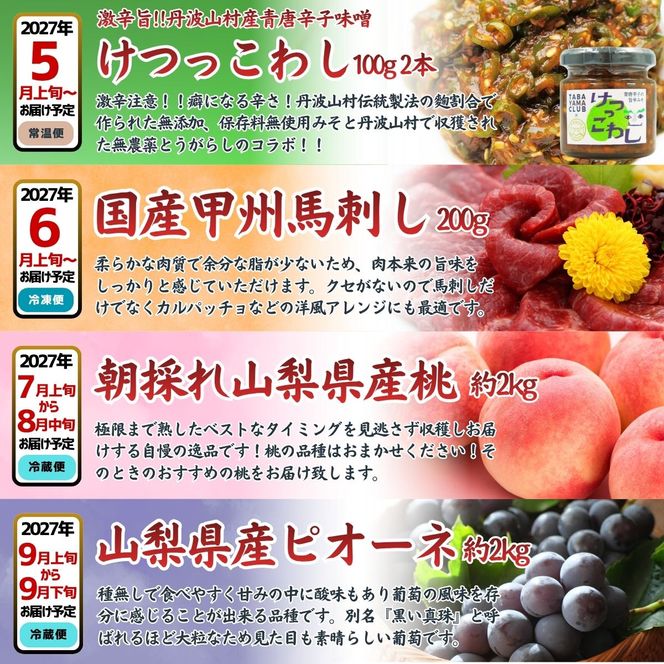 【厳選定期便】果実 野菜 肉 魚 など 旨味を極めた至高の定期便【全8回】 朝もぎ直送 山梨県産 桃 モモ ピオーネ ぶどう ミネラルウォーター 天然水 馬刺し 鮎 国産 ロース 原木舞茸 きのこ 贈り物 贈答品 ギフト 送料無料【tab0247】