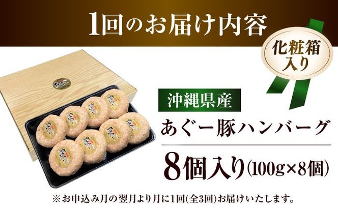 【全3回定期便】沖縄県産あぐー豚ハンバーグセット 800g (100g×8個) 豚 ハンバーグ 冷凍 ギフト お取り寄せ 沖縄市 / お肉屋本店[BCAZ009]