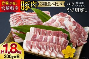 豚肉 豚バラ 焼肉用 スライス ウデ 切落し 食べ比べ セット 各300g×2 合計1.8kg [甲斐精肉店 宮崎県 美郷町 31as0086] 肉 豚 冷凍 薄切り うす切り 腕 切り落とし 小分け 詰め合わせ