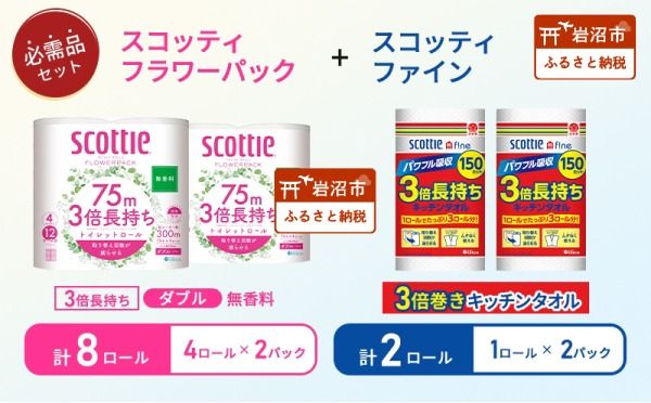 キッチンペーパー 2パック入 スコッティ ファイン 1ロール 150カット トイレットペーパー ダブル 4ロール入 × 2パック フラワーパック