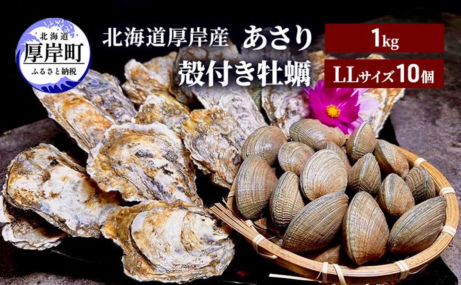 北海道 厚岸産 あさり1kg 殻付き 牡蠣 LLサイズ 10個 魚貝類 海鮮 海の幸 ふっくら 濃厚 大粒 肉厚 産地直送 