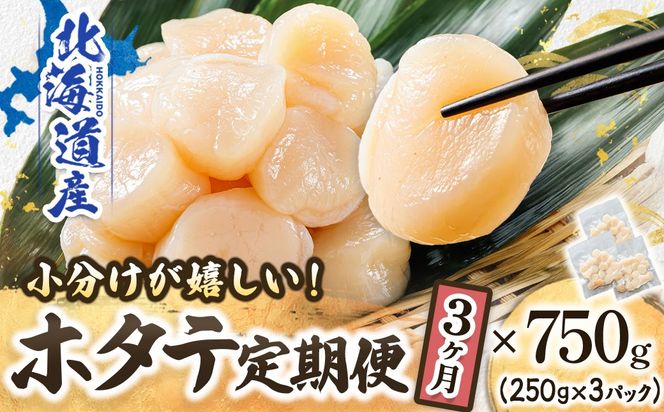 【定期便 3ヶ月連続】北海道産 ホタテ貝柱 約250g×3パック 合計750g | 帆立 ホタテ ほたて 貝柱 冷凍 刺身 刺し身 小分け ホタテ貝柱 刺身 冷凍 セット 産地直送 定期便 魚介類 海鮮 絶品 人気 ヒロセ 北海道 釧路町 釧路超 特産品　121-1262-141-040
