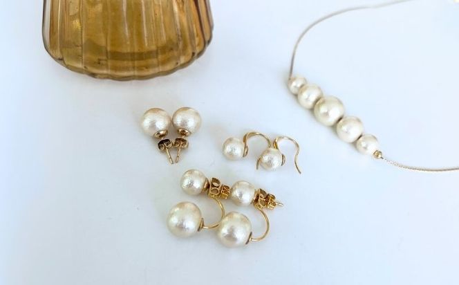 GL011コットンパール「キスカ」ゴールドチェーンネックレスとピアス３点セット