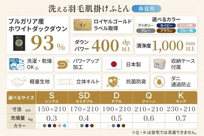 【春夏用】洗える羽毛布団 羽毛布団 キング 肌掛け 肌掛け布団 ダウン 夏 春 ホワイトダックダウン 93% 0.7kg アイボリー [川村羽毛 山梨県 韮崎市 20745574] 羽毛 布団 ふとん 羽毛ふとん 肌掛布団 寝具 夏用 春用 日本製 国産 柔軟加工 コインランドリー