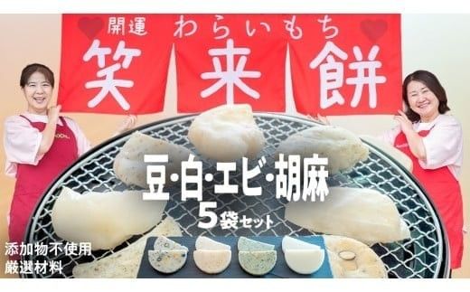 笑来餅 5個 セット（豆2、白、エビ、胡麻） 餅 もち もち米 豆餅 落花生 エビ [EP007ci]