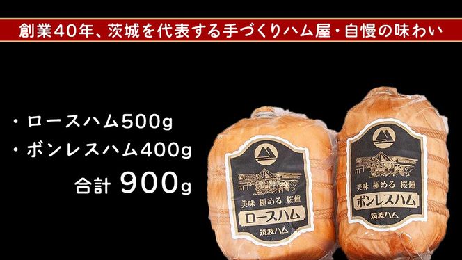 筑波ハム ロースハム ボンレスハム 2品 合計900g 茨城県産 『 常陸の輝き 』 ブランド豚 銘柄豚 ( 茨城県共通返礼品 ) 肉 豚 熟成 贅沢 ハム [FA008us]