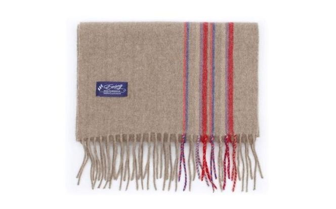 G3602 100％ピュアカシミヤ・マフラー キャメル×ストライプ フリンジ付き【高級 カシミア おしゃれ ファッション 防寒 かしみあ】