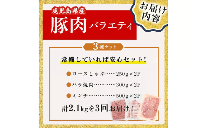 【3回定期便】鹿児島県産 豚肉 バラエティ セット3種 (2.1kg×3回 計6.3kg) t0039-006
