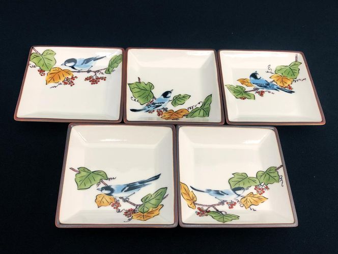 九谷焼　3号皿揃　ぶどうに鳥 （5枚セット）a01 食器 キッチン雑貨 キッチンアイテム 雑貨 小物 お皿 角皿 食卓 テーブルコーディネート 