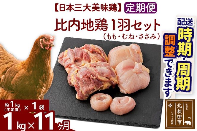 《定期便11ヶ月》 比内地鶏 1羽セット（もも・むね・ささみ） 約1kg（約1kg（不定貫）×1袋）×11回 計11kg 時期選べる お届け周期調整可能 11か月 11ヵ月 11カ月 11ケ月 11キロ 国産 冷凍 正肉 鶏肉 鳥肉|jaat-021111